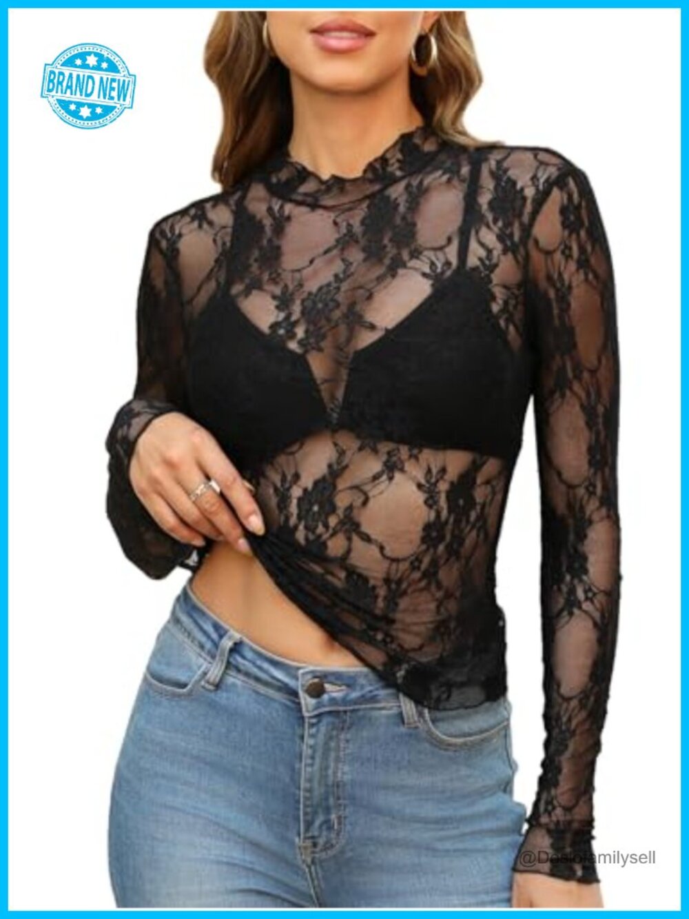 Sheer Mesh Mock Neck Long Sleeve Blouse
